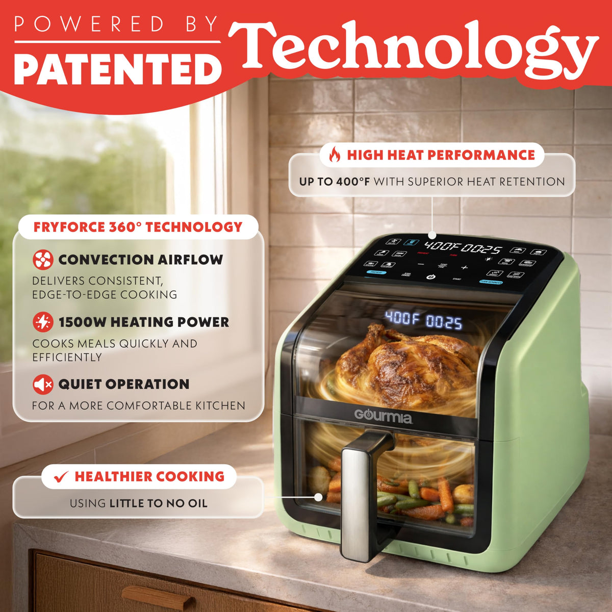 Gourmia Air Fryer - 7 Qt Basket Capacity with Panorama Window, Black
