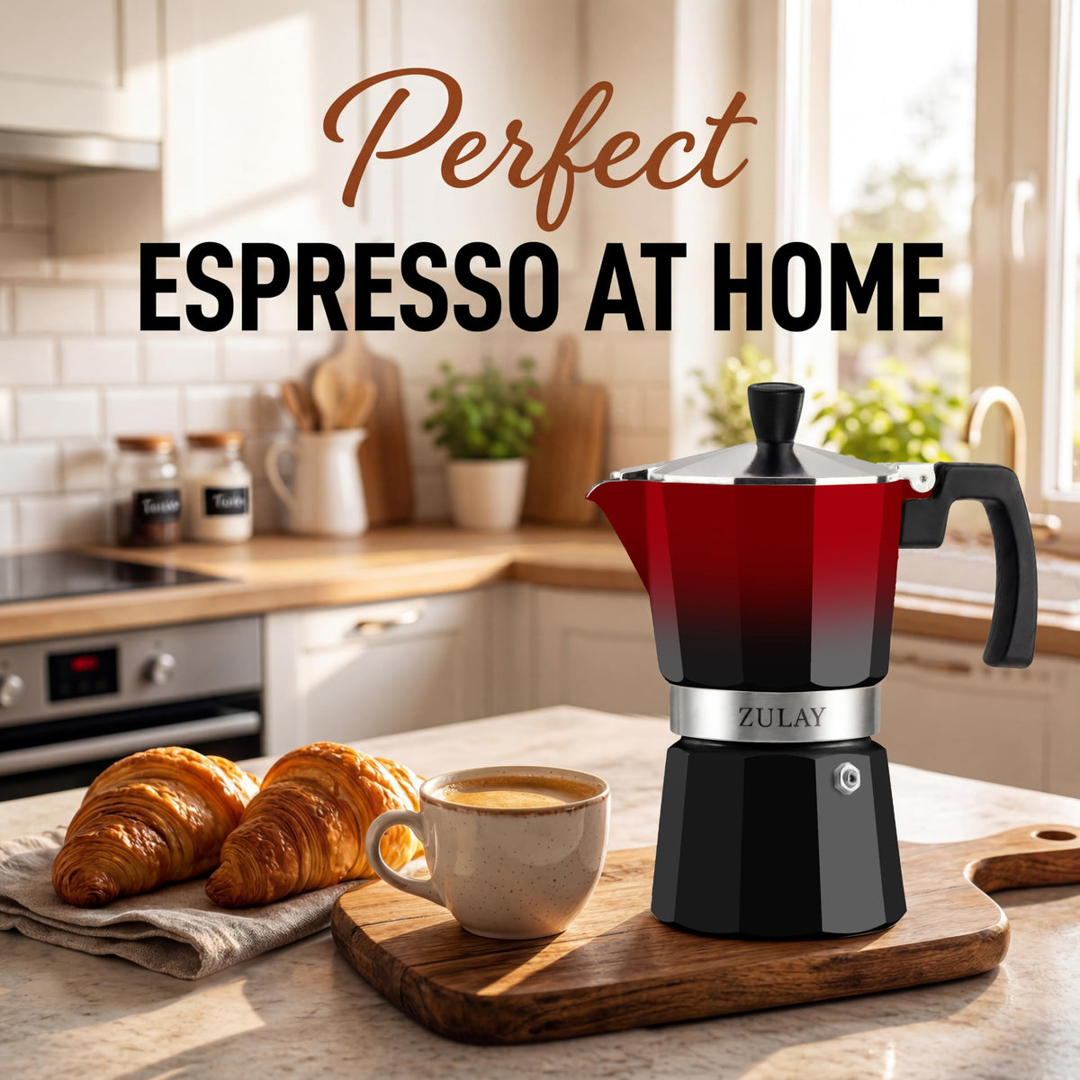 Zulay Moka Pot Espresso Stovetop Coffee Maker - Leak-Proof, Stainless Steel, Easy to Clean, Heat Resistant Handle & Knob - for Authentic Cuban & Italian Style Espresso - Makes 6 Espresso Cups - Red
