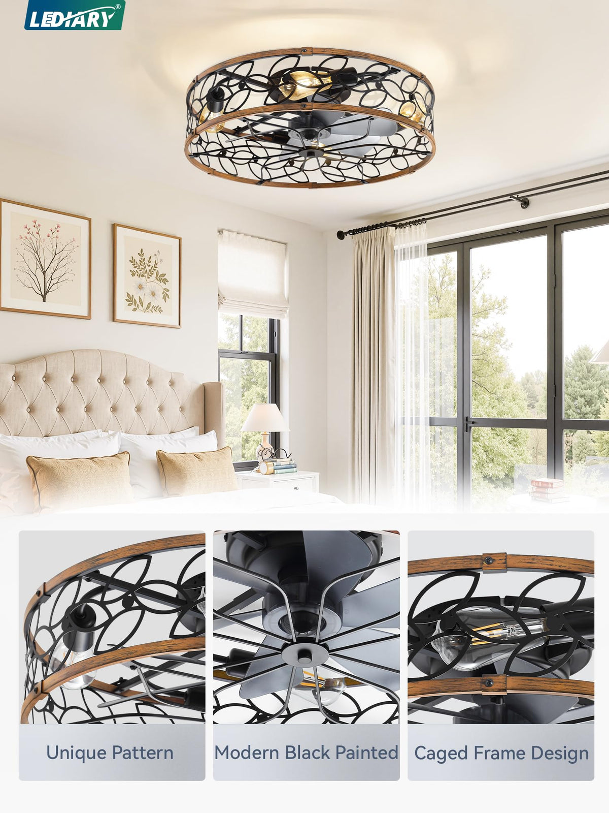LEDIARY Caged Ceiling Fan with Light, Flush Mount Fandalier with Remote