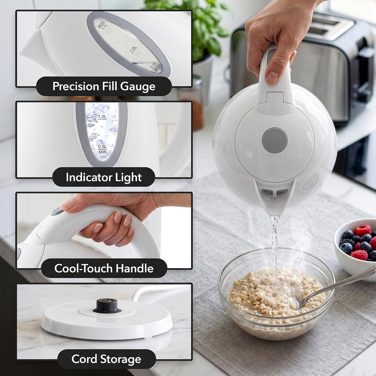 OVENTE 1.7L Electric Tea Kettle, Fast Boiling Water Heater, White KP72W