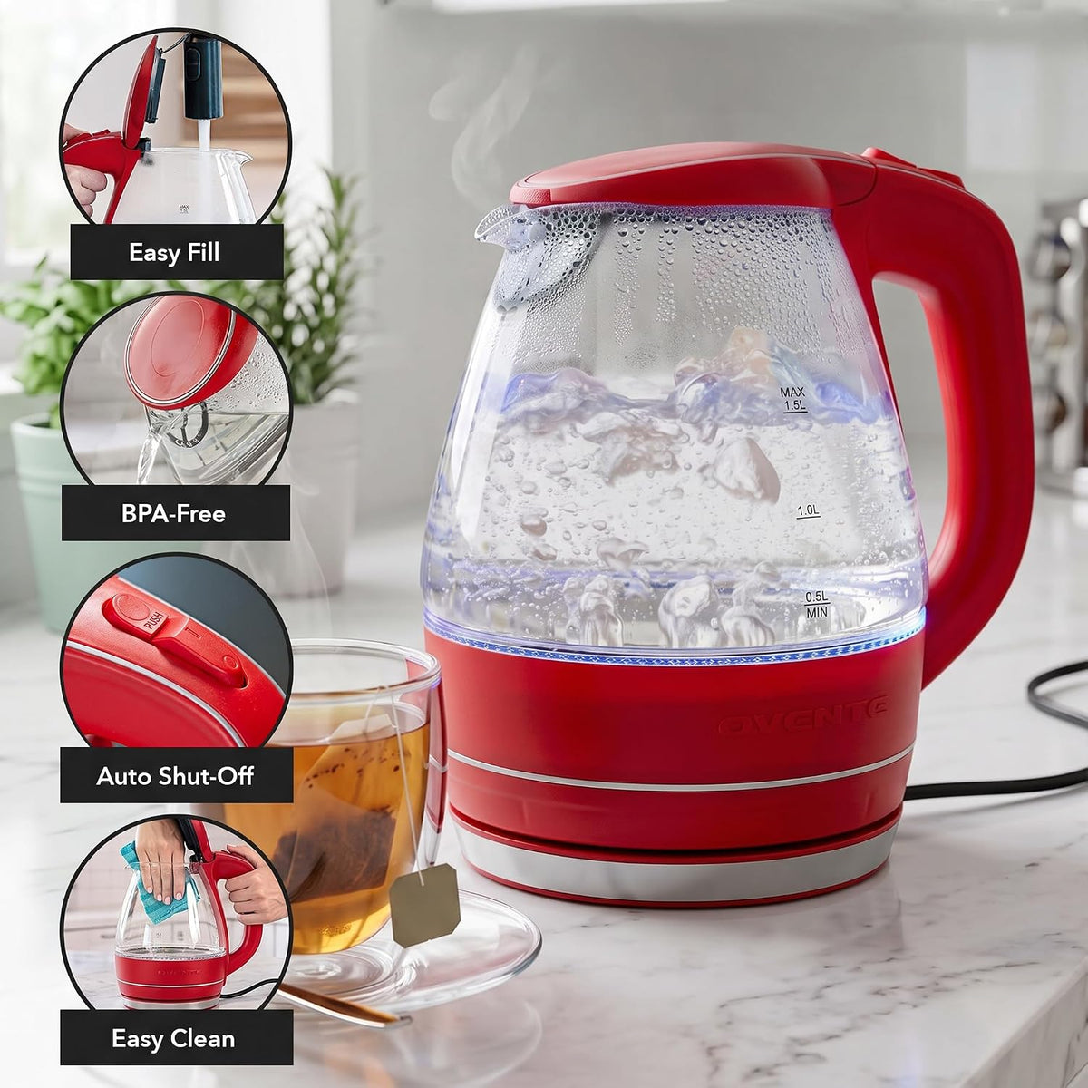 OVENTE 1.5L Glass Electric Kettle Water Boiler, Black KG83B