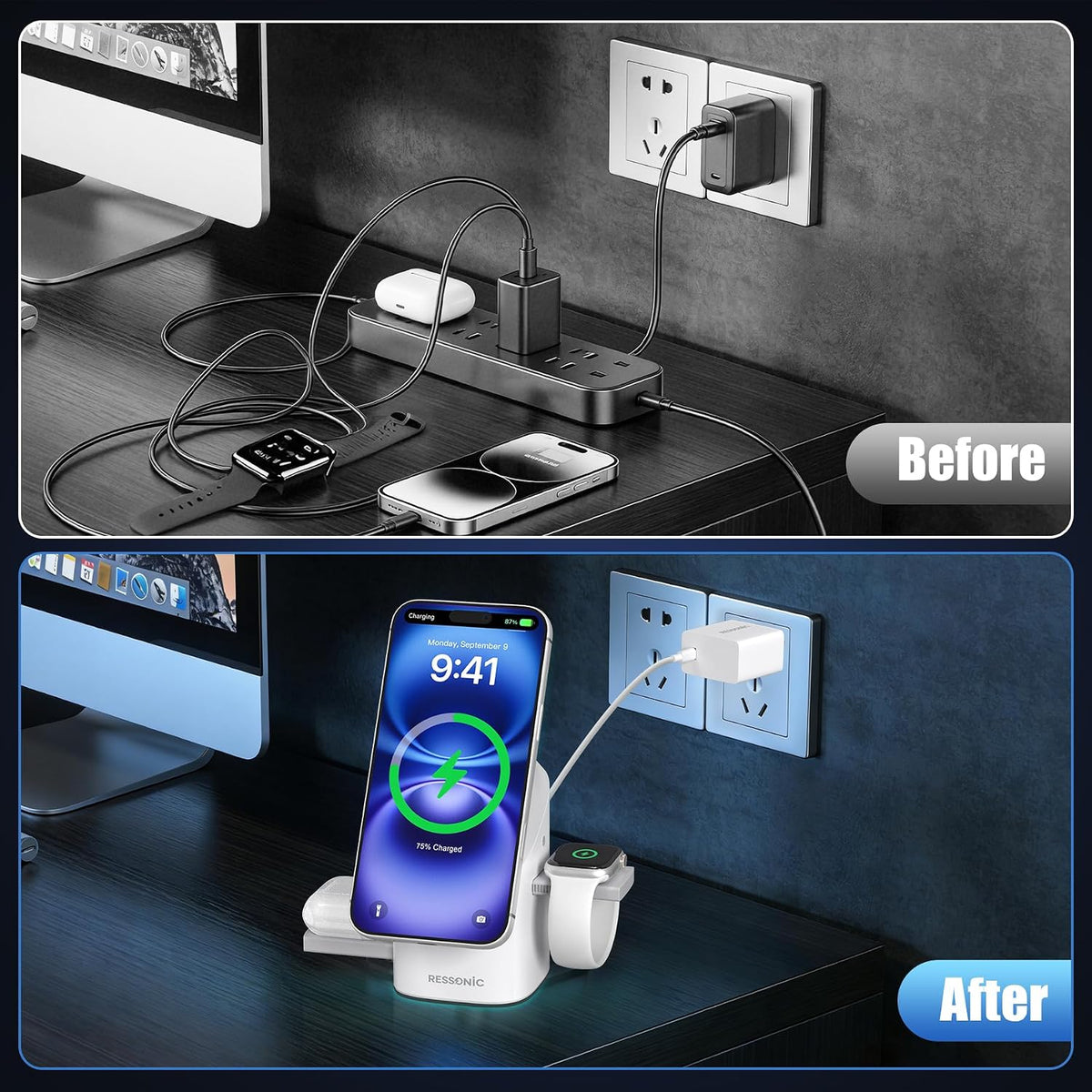 25W 3 in 1 Wireless Charging Station for Apple&Samsung, Desk Night Stand