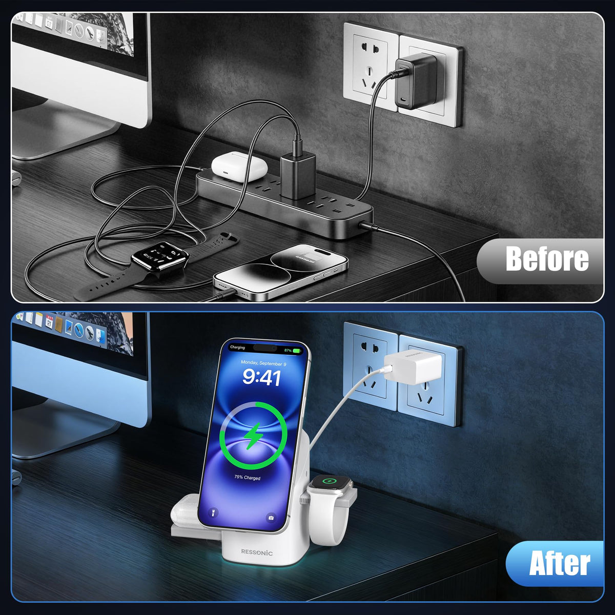 25W 3 in 1 Wireless Charging Station for Apple&Samsung, Desk Night Stand