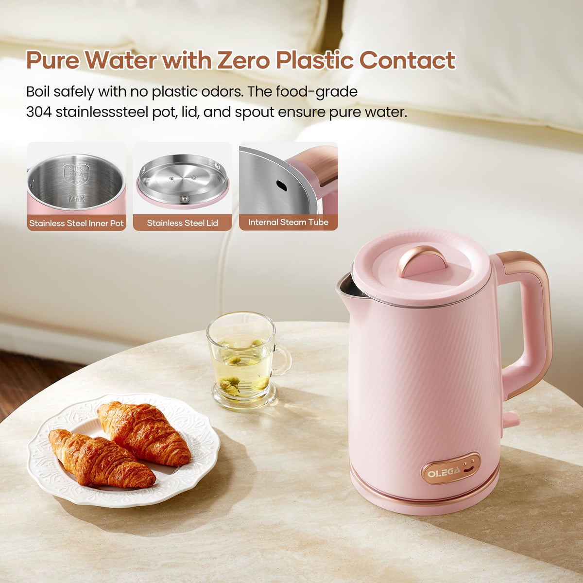 OLEGA Electric Kettle: 1200W Fast Boil Electric Water Kettles, 1.5L Double Wall Stainless Steel Tea Kettle, Auto Shut-Off, BPA-Free Hot Water Boiler Teapot for Coffee & Tea -Ligth Green