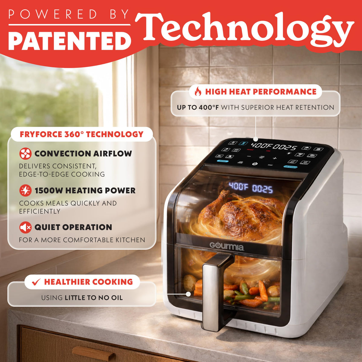 Gourmia Air Fryer - 7 Qt Basket Capacity with Panorama Window, Black