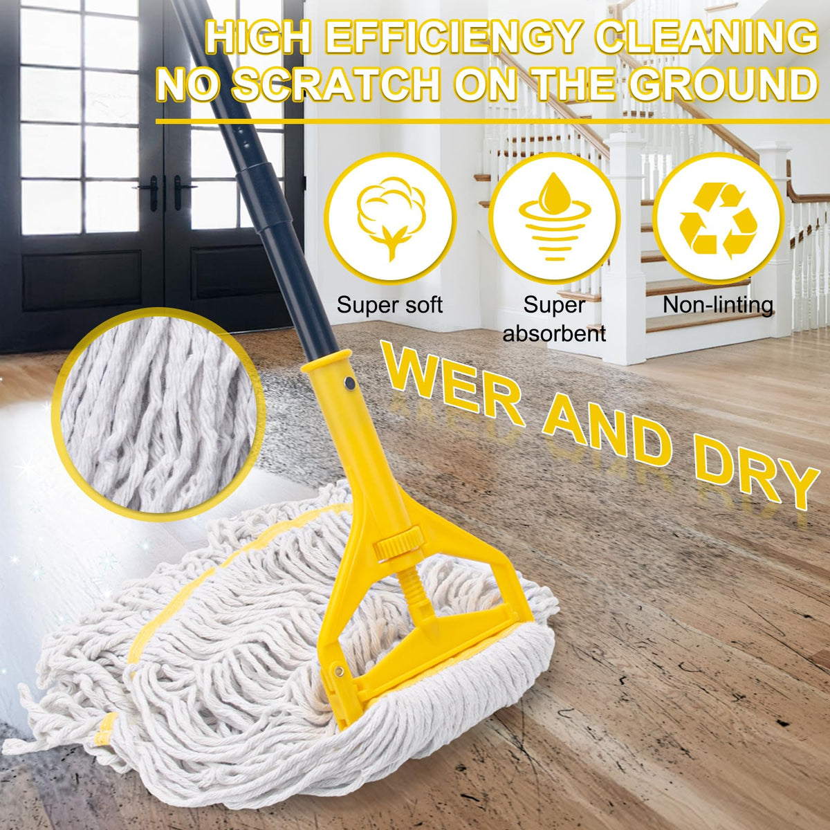Commercial Mop with 3 Large Replacement Heads,Heavy Duty Industrial Mops