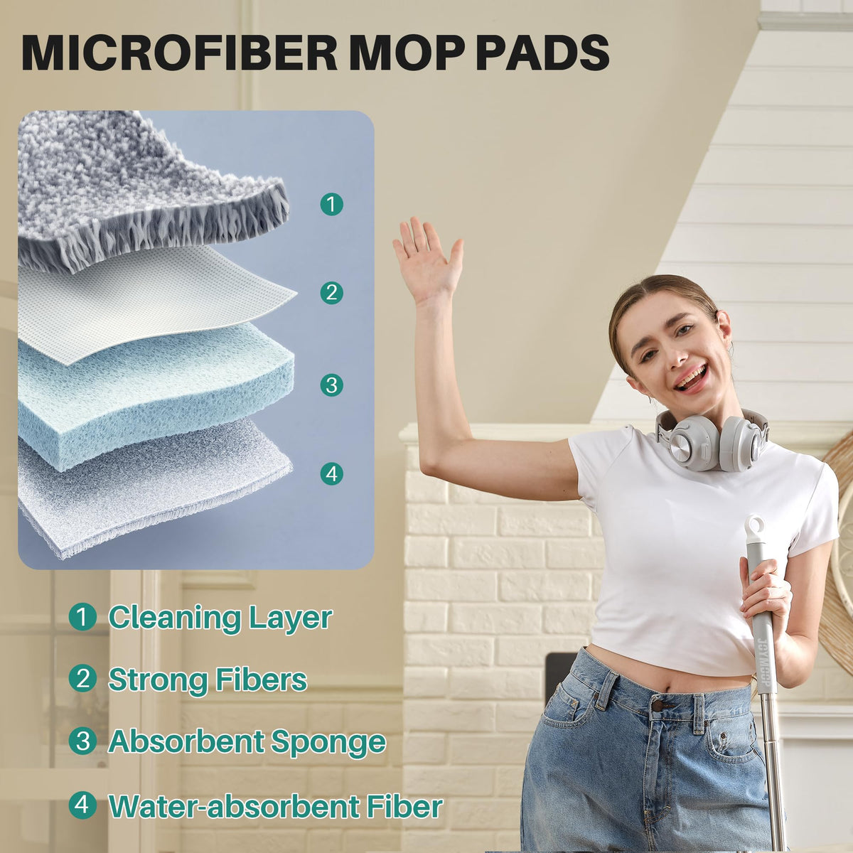 JOYMOOP Flat Mop System, Microfiber Mop and Bucket Set, White, Commercial & Household Use, Hardwood Floor & Wall Cleaning Mop with Long Handle, 4 Microfiber Pads
