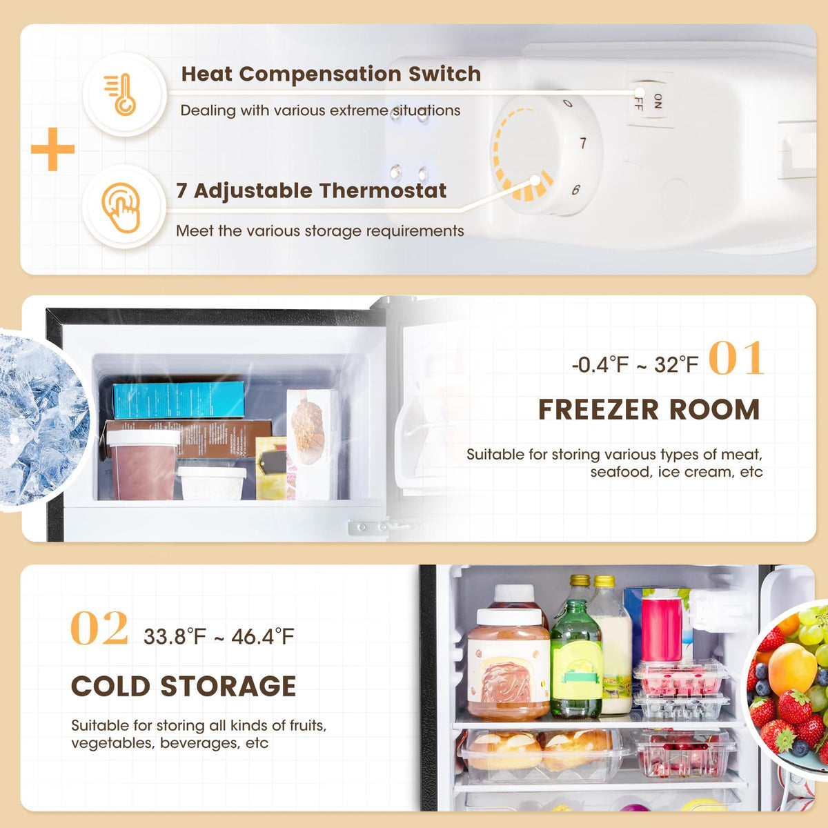 4.5 Cu.Ft Mini Fridge Freezer for Dorm/Office, 2-Door, Quiet