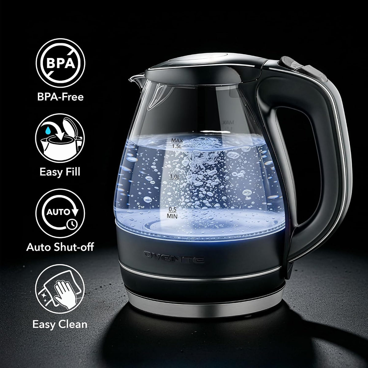 OVENTE 1.5L Glass Electric Kettle Water Boiler, Black KG83B