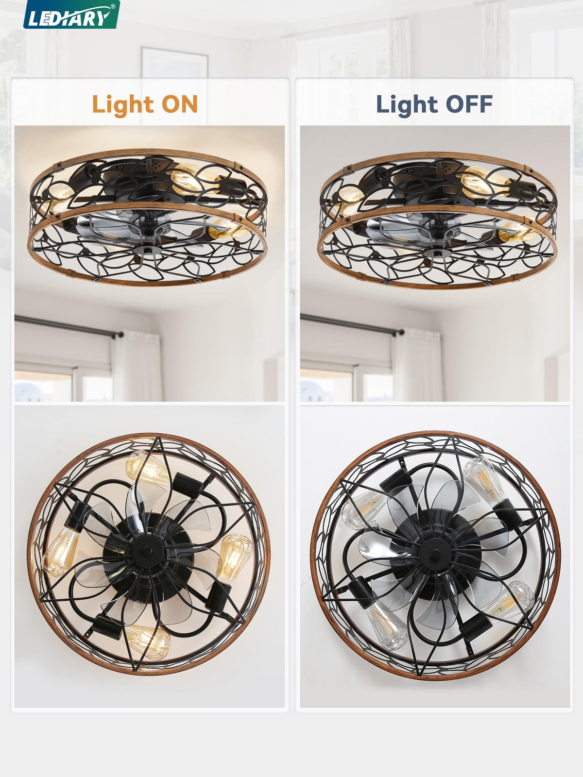 LEDIARY Caged Ceiling Fan with Light, Flush Mount Fandalier with Remote