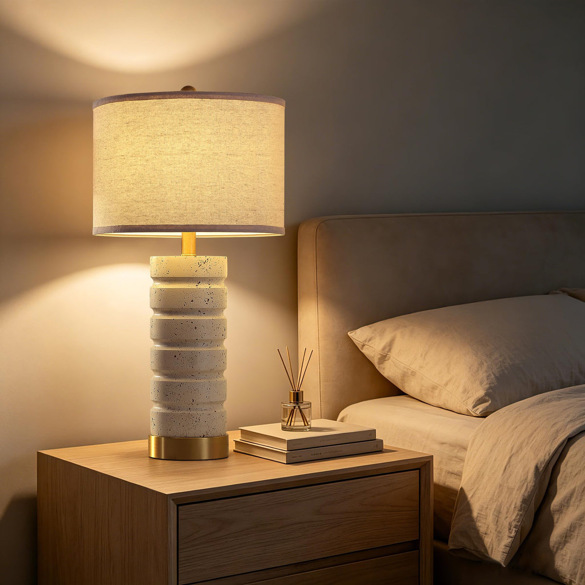 AIEAMPDO 26" Set of 2 Travertine Resin Table Lamps for Bedroom, Brass Base