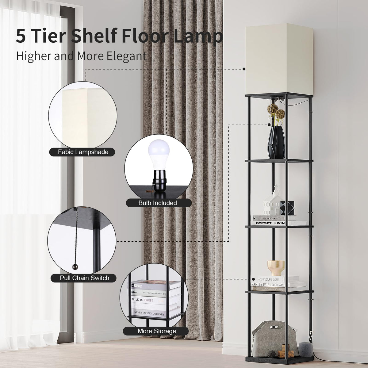 SUNMORY Floor Lamp with Shelves, Standing Lamps for Living Room, Black