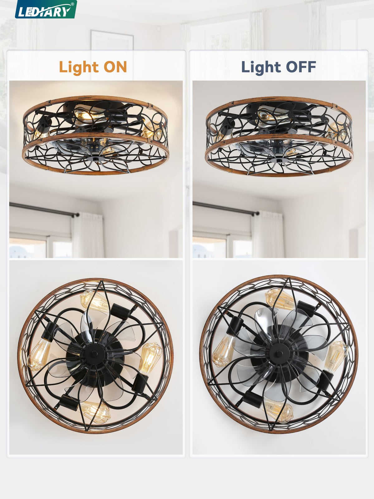 LEDIARY Caged Ceiling Fan with Light, Flush Mount Fandalier with Remote