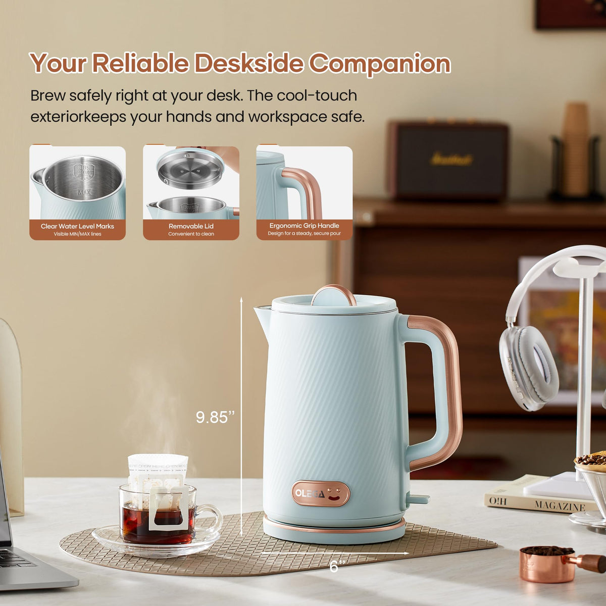 OLEGA Electric Kettle: 1200W Fast Boil Electric Water Kettles, 1.5L Double Wall Stainless Steel Tea Kettle, Auto Shut-Off, BPA-Free Hot Water Boiler Teapot for Coffee & Tea -Ligth Green