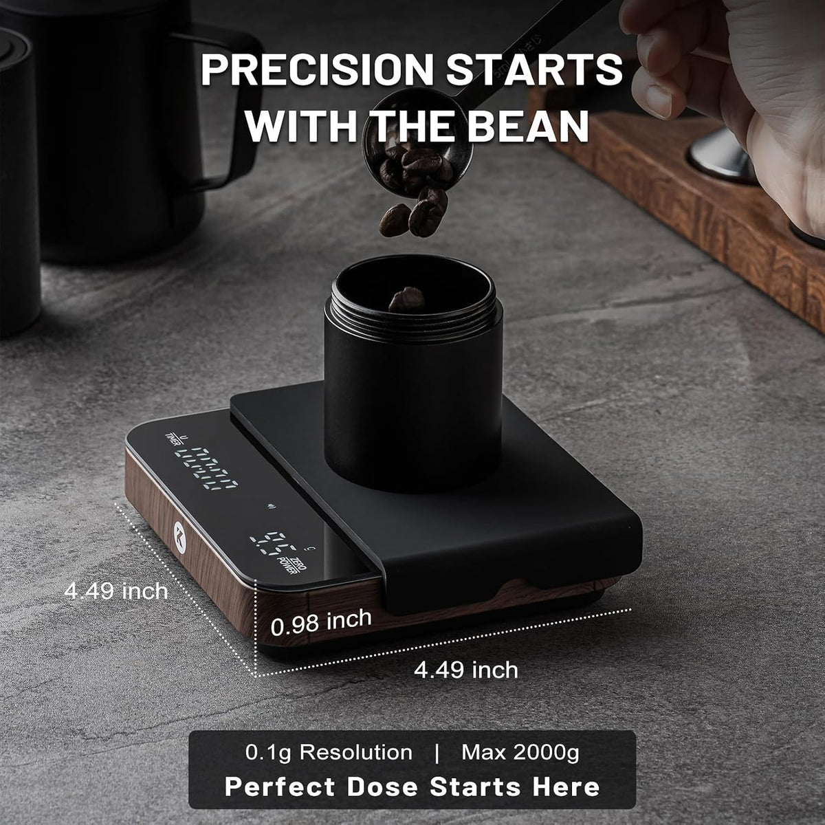 KitchenTour Coffee Scale with Timer, Small Espresso Scale 0.1g/2kg, Wood