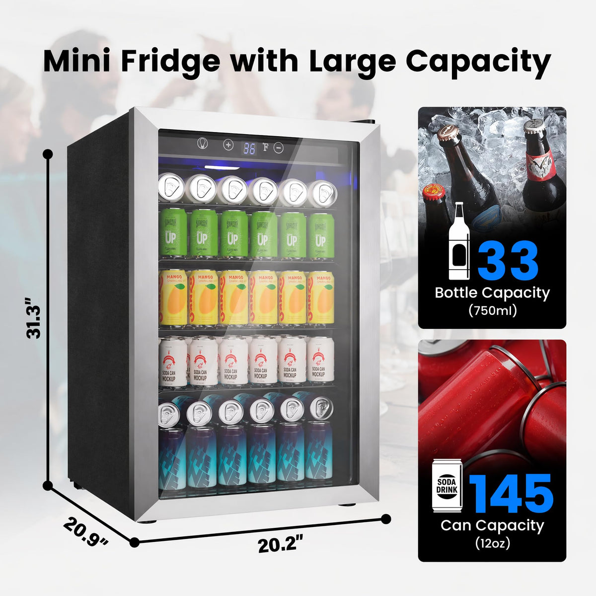 Feelfunn 126 Can Beverage Refrigerator, Glass Door Mini Fridge, 3.2 Cu.Ft