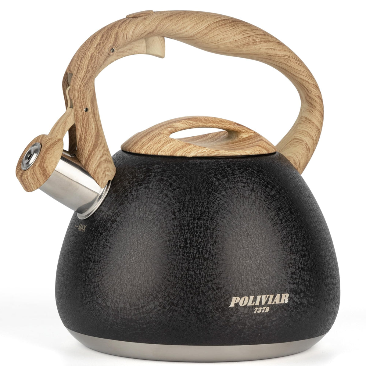 POLIVIAR Tea Kettle, 2.7 Quart Natural Stone Finish with Wood Pattern Handle Loud Whistle Food Grade Stainless Steel Teapot, Anti-Hot Handle and Anti-Rust, Suitable for All Heat Sources (JX2018-GR20)