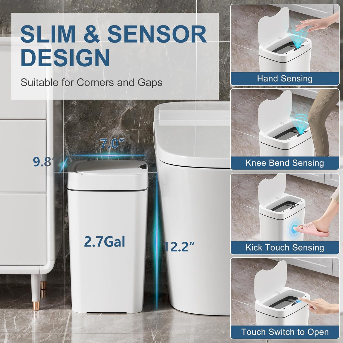 Vanpopubs 2 Pack 2.7 Gal Bathroom Trash Can with Lid, Automatic Trash Can Small Smart Garbage Can Touchless, Slim Motion Sensor Waterproof Plastic Trash Bins for Bedroom Office Kitchen Toilet, White