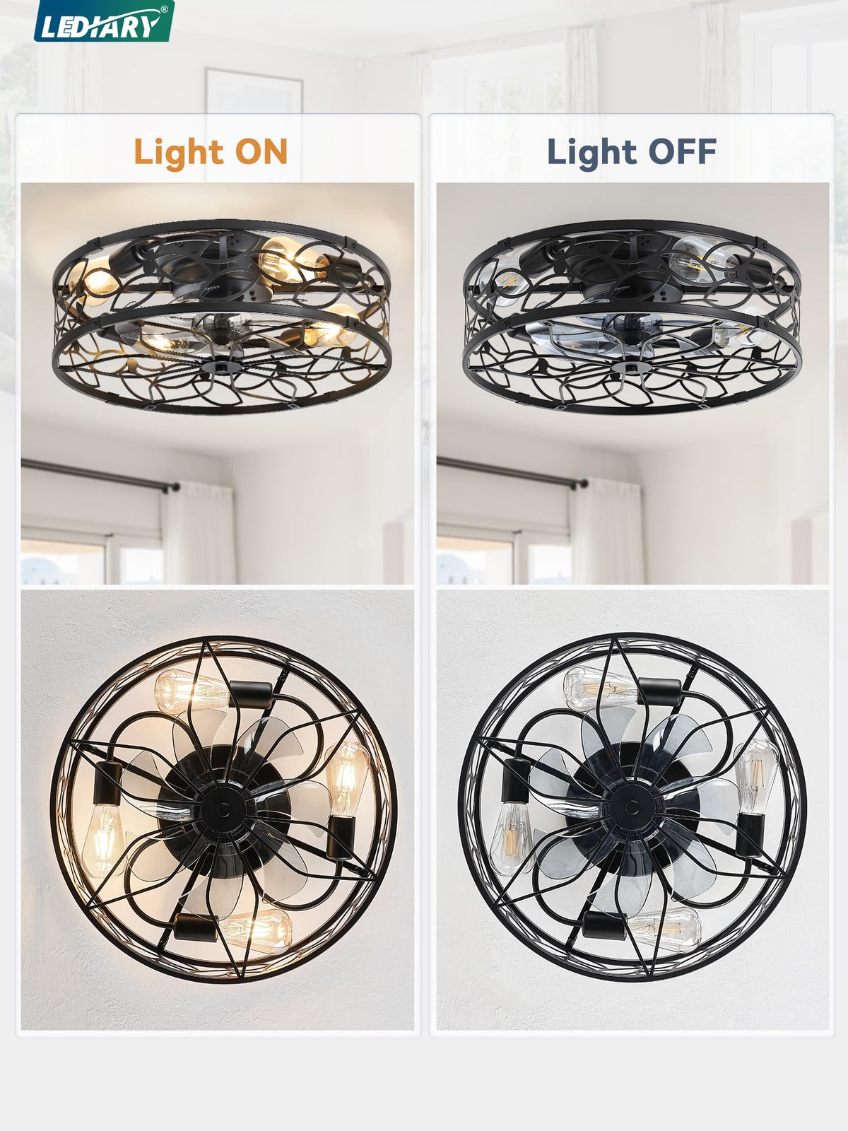 LEDIARY Caged Ceiling Fan with Light, Flush Mount Fandalier with Remote