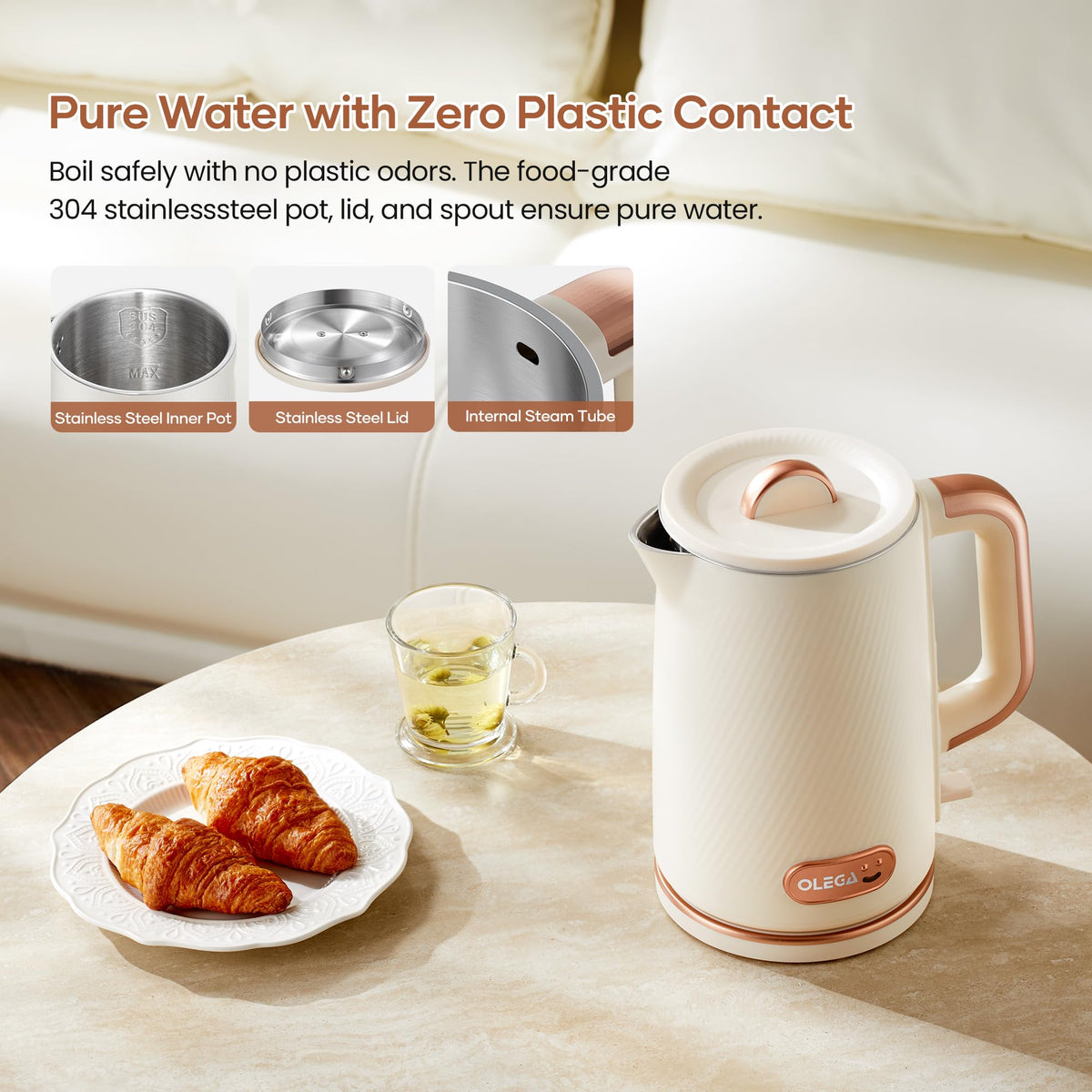 OLEGA Electric Kettle: 1200W Fast Boil Electric Water Kettles, 1.5L Double Wall Stainless Steel Tea Kettle, Auto Shut-Off, BPA-Free Hot Water Boiler Teapot for Coffee & Tea -Ligth Green