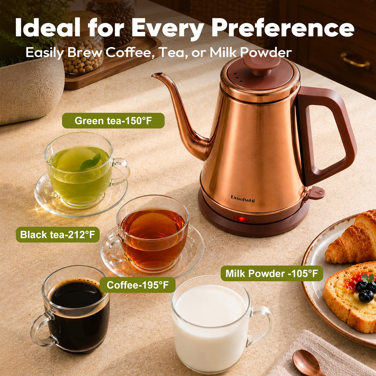 DmofwHi Gooseneck Electric Kettle(1.0L), 100% Stainless Steel BPA Free Classic Pour Over Coffee Kettle | Tea Kettle - Green