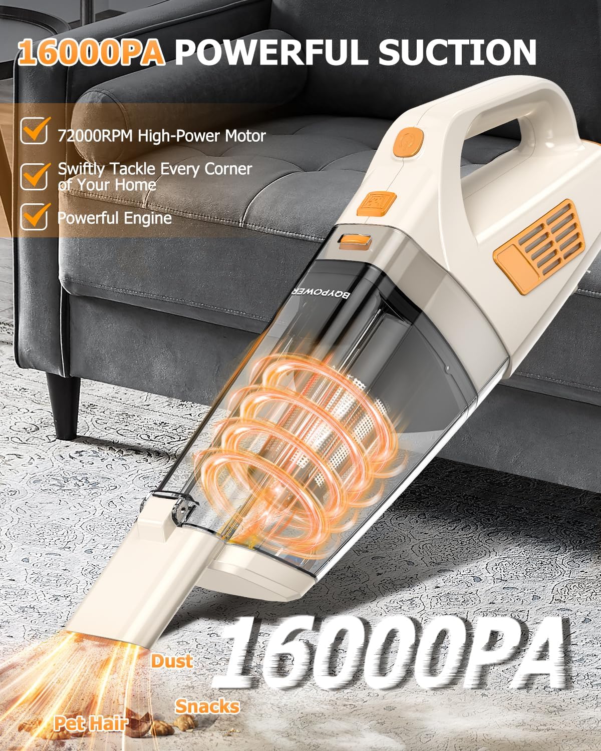 BQYPOWER 16000PA Handheld Vacuum Cleaner Cordless Rechargeable for Car Home
