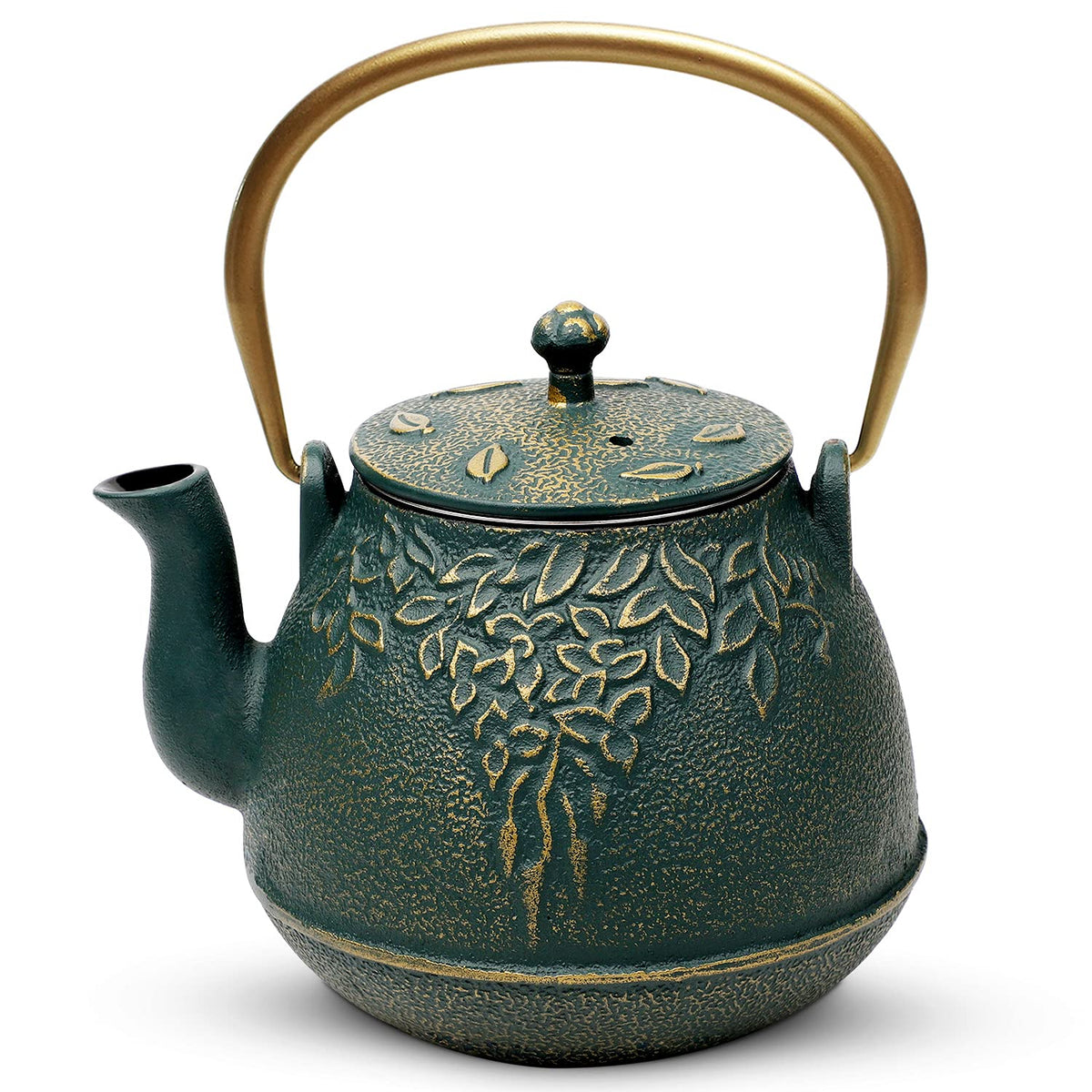 TOPTIER Japanese Teapot with Stainless Steel Infuser, Cast Iron Tea Kettle Stovetop Safe, Leaf Design Coated with Enameled Interior for 32 Ounce (950 ml), Light Green