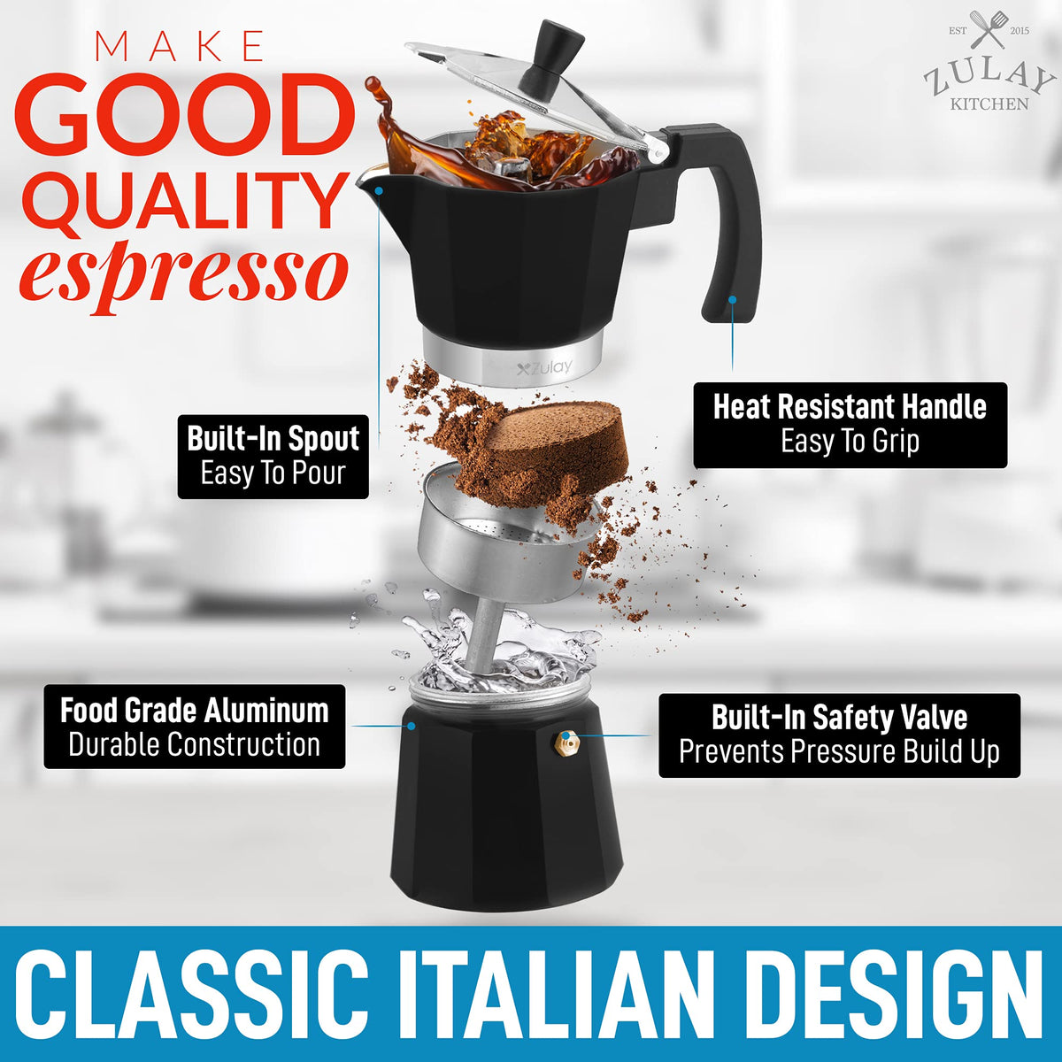 Zulay Moka Pot Espresso Stovetop Coffee Maker - Leak-Proof, Stainless Steel, Easy to Clean, Heat Resistant Handle & Knob - for Authentic Cuban & Italian Style Espresso - Makes 6 Espresso Cups - Red