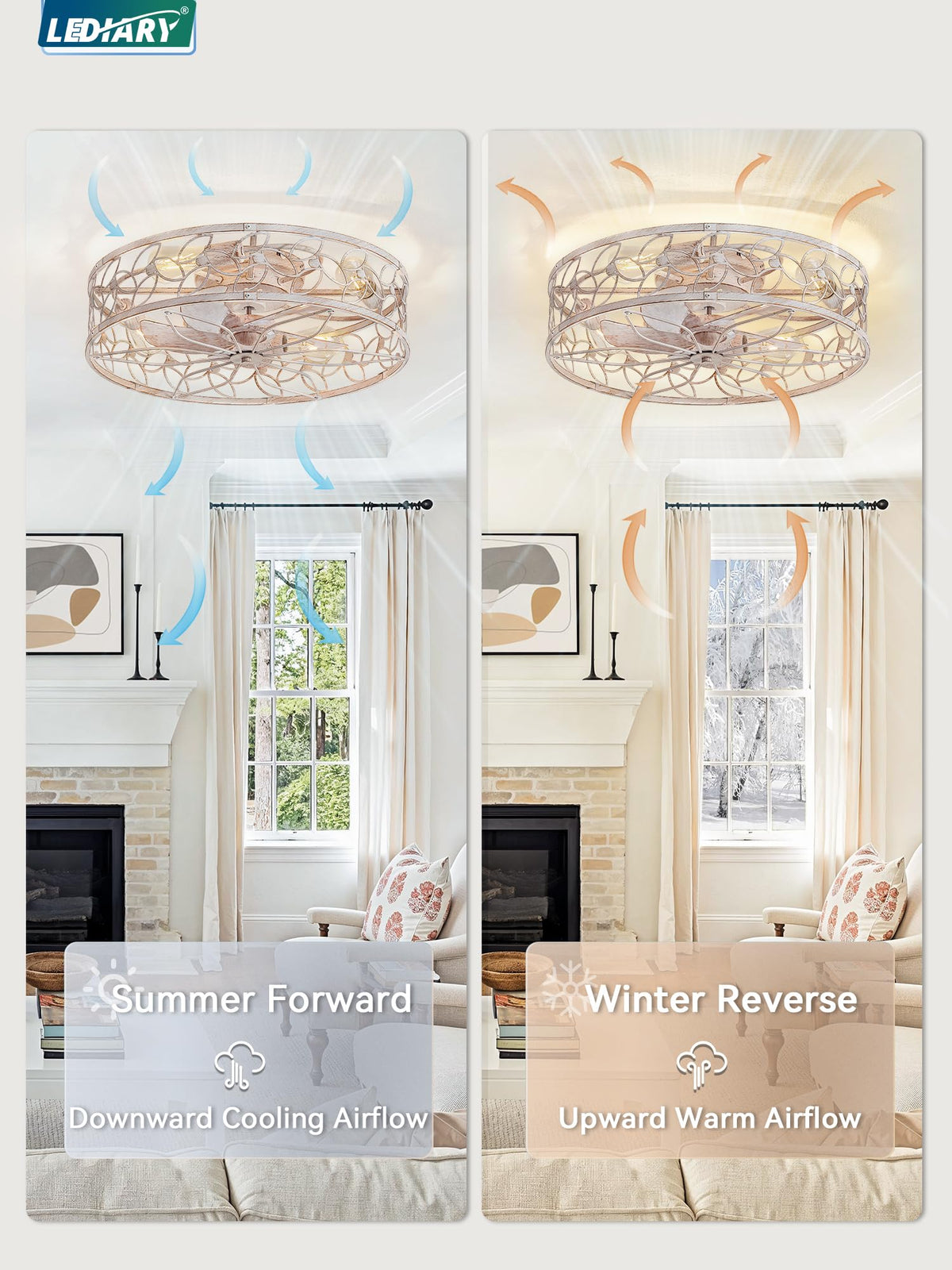 LEDIARY Caged Ceiling Fan with Light, Flush Mount Fandalier with Remote