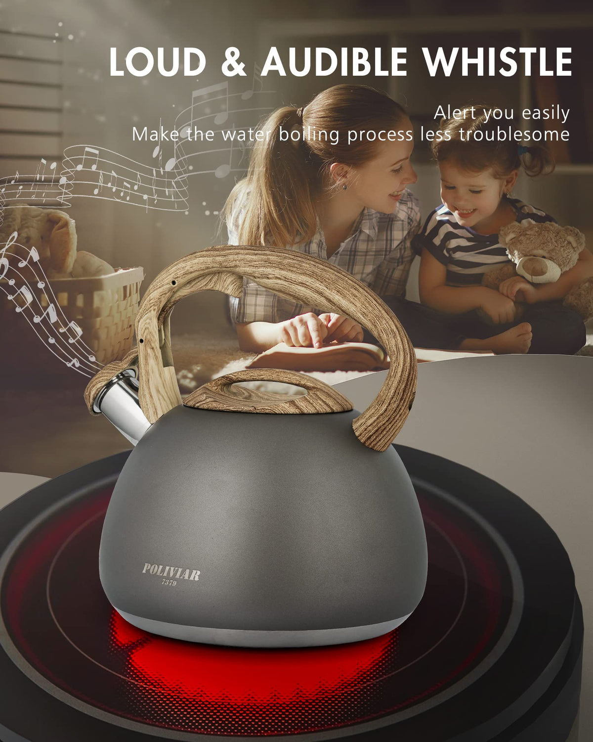 POLIVIAR Tea Kettle, 2.7 Quart Natural Stone Finish with Wood Pattern Handle Loud Whistle Food Grade Stainless Steel Teapot, Anti-Hot Handle and Anti-Rust, Suitable for All Heat Sources (JX2018-GR20)