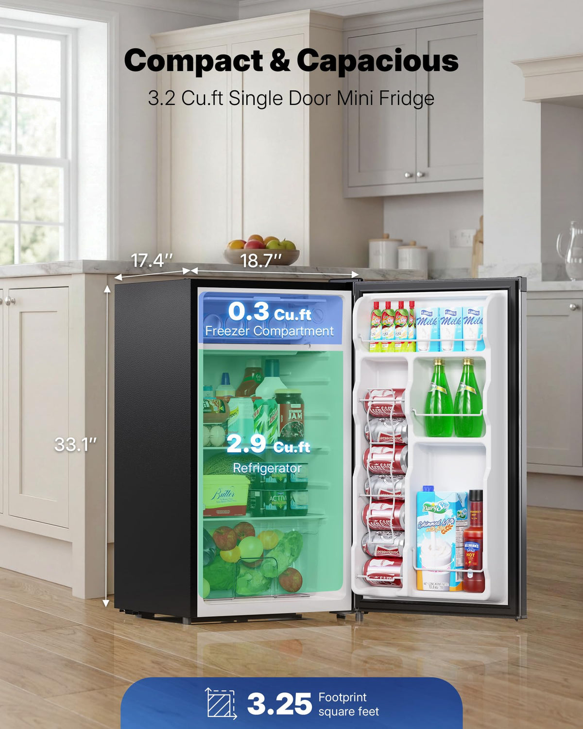 Upstreman 3.2 Cu.Ft Mini Fridge with Freezer, Black-BR321