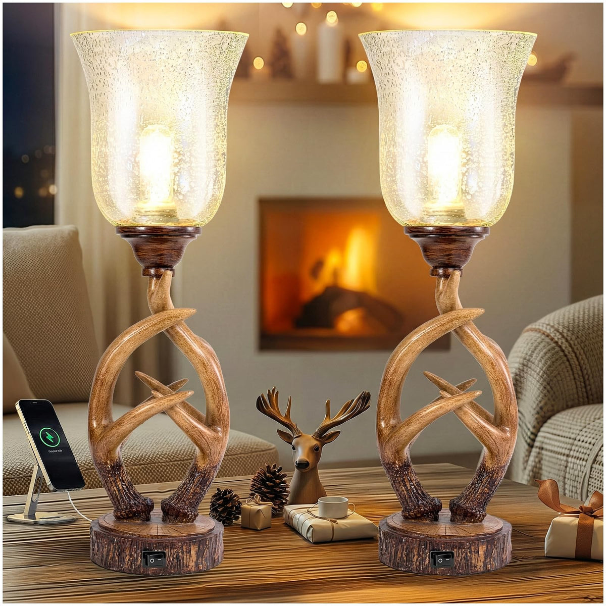 Scenekoy Deer Antler Table Lamp Set of 2 with Nightlight for Living Room