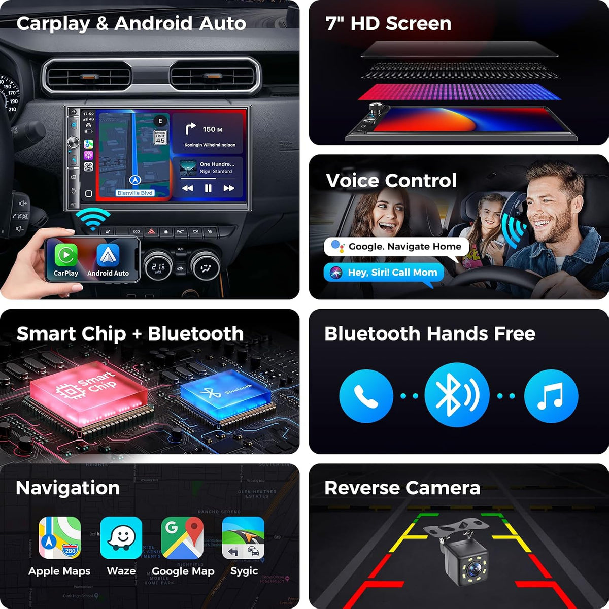 Double Din Car Stereo with 7" HD Touchscreen, Wireless Apple Carplay & Android Auto, Bluetooth, 240W, SWC, Subwoofer Output, Mirror Link, FM/AM Car Radio Receiver, Backup Camera