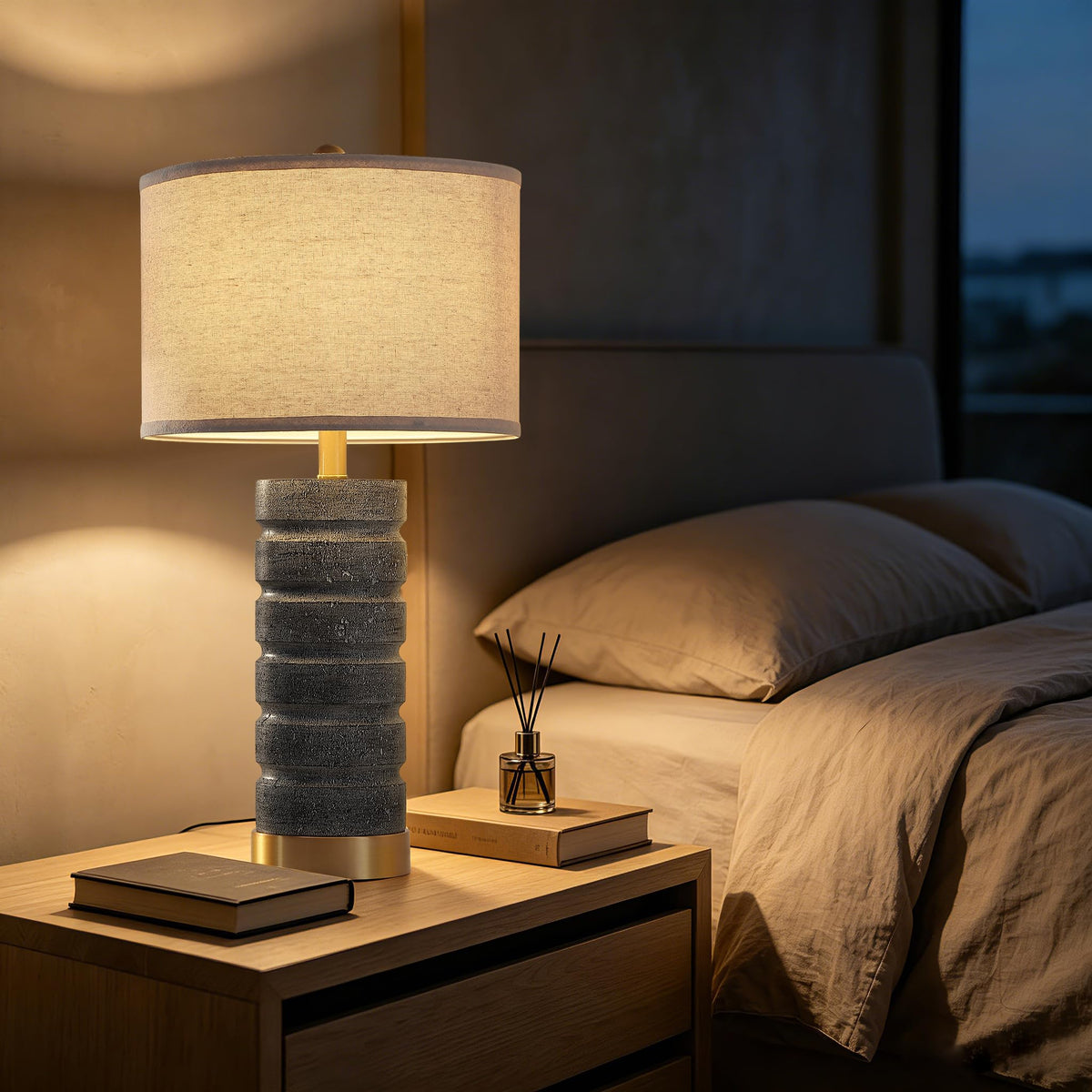 AIEAMPDO 26" Set of 2 Travertine Resin Table Lamps for Bedroom, Brass Base