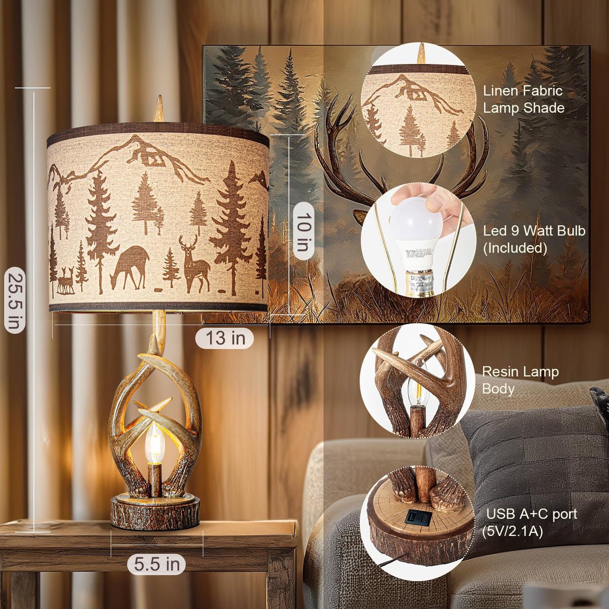 Scenekoy Deer Antler Table Lamp Set of 2 with Nightlight for Living Room