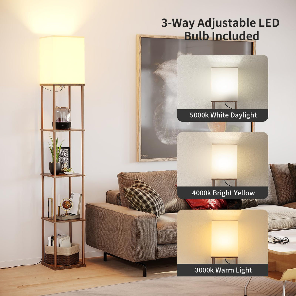 SUNMORY Floor Lamp with Shelves, Standing Lamps for Living Room, Black