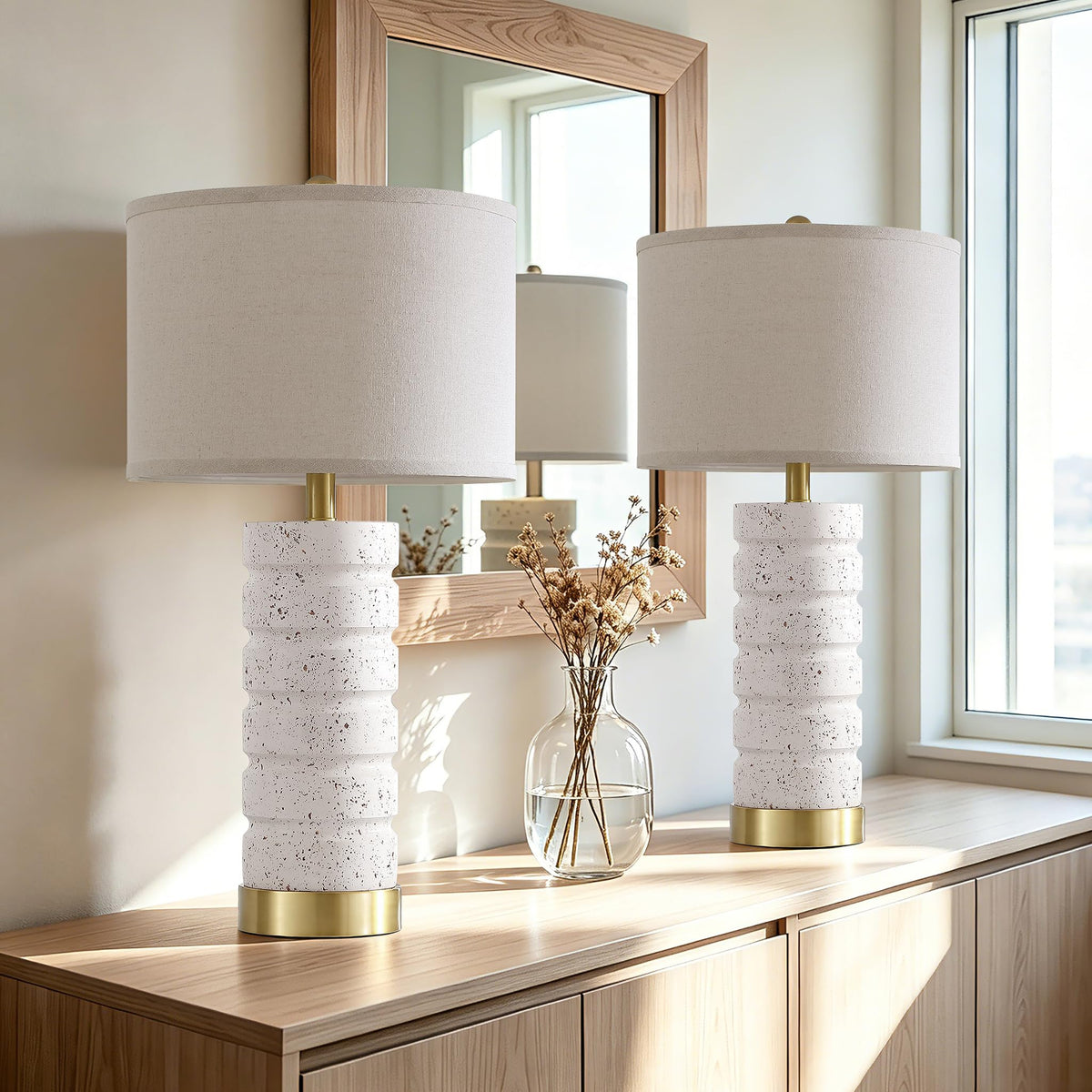 AIEAMPDO 26" Set of 2 Travertine Resin Table Lamps for Bedroom, Brass Base
