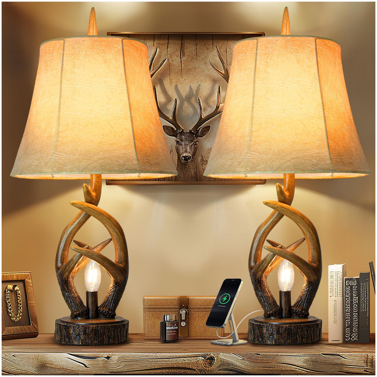 Scenekoy Deer Antler Table Lamp Set of 2 with Nightlight for Living Room