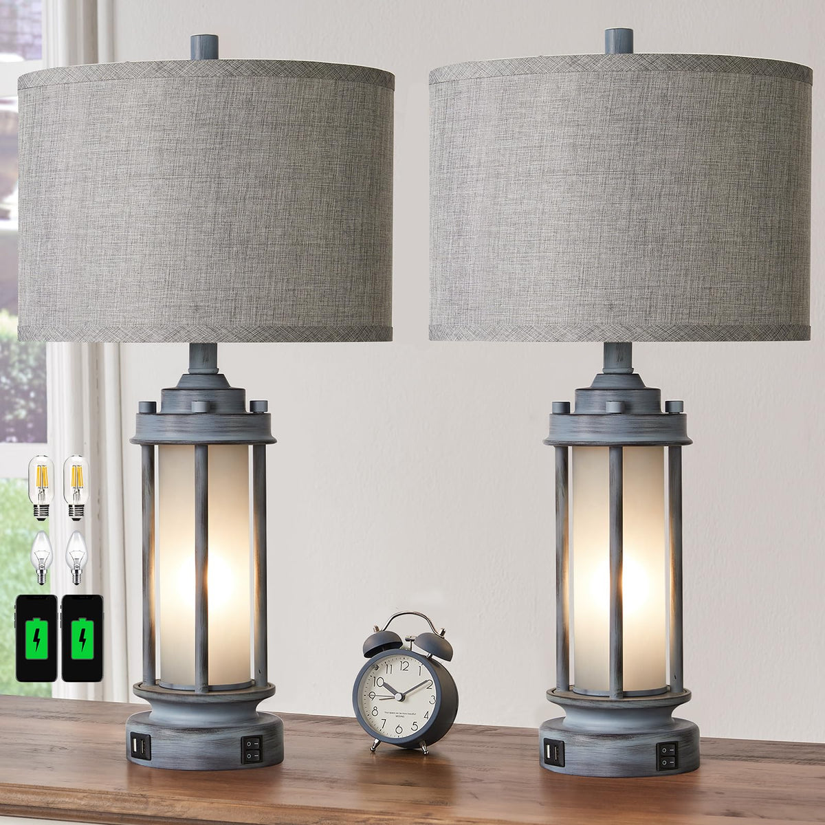 AIEAMPDO 25'' Set of 2 Farmhouse Table Lamps for Living Room with USB C+A
