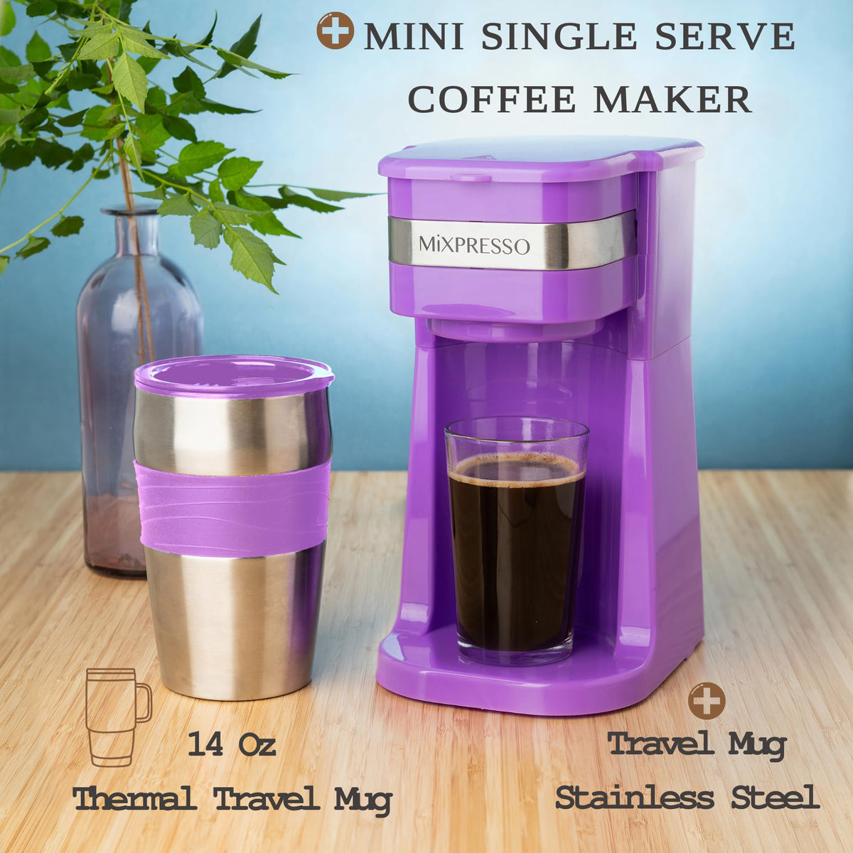 Mixpresso Single Serve & Single Cup Coffee Maker with 14oz Travel Mug Black