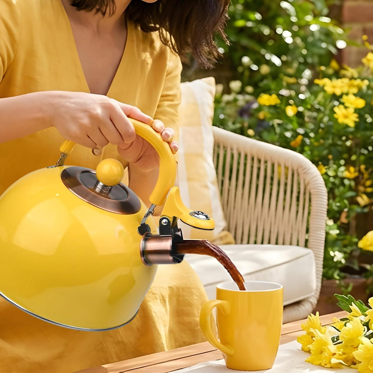 2.6 Quart Yellow Whistling Tea Kettle, Multiple Color Available, Stainless Steel Stovetop Teapot with Cool-Touch Handle, Loud Whistle, Induction Compatible for Gas, Electric & Glass Cooktops