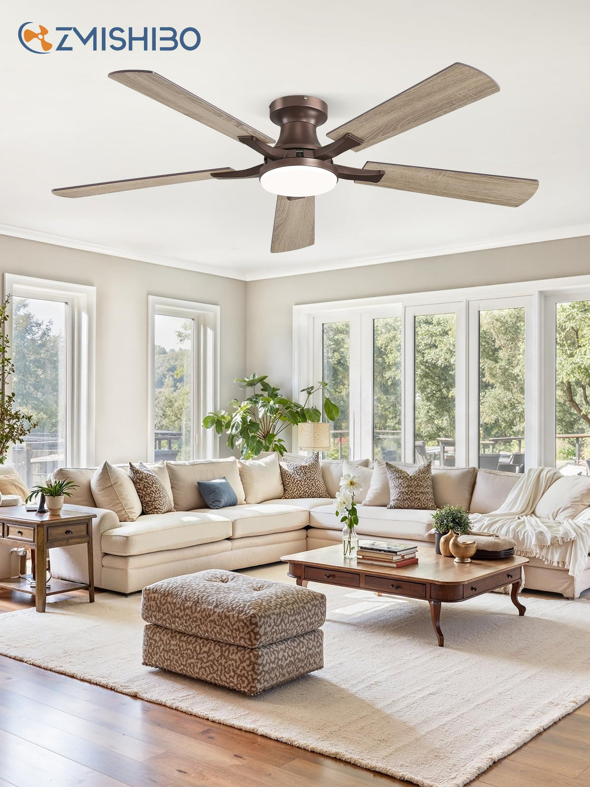 ZMISHIBO 52 Inch Ceiling Fans with Lights, Remote&App Control, Flush Mount