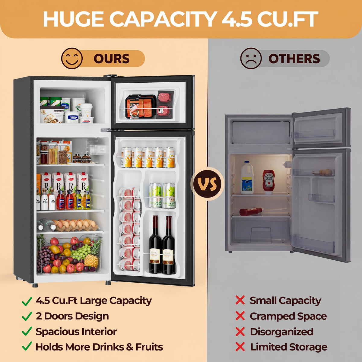 4.5 Cu.Ft Mini Fridge Freezer for Dorm/Office, 2-Door, Quiet