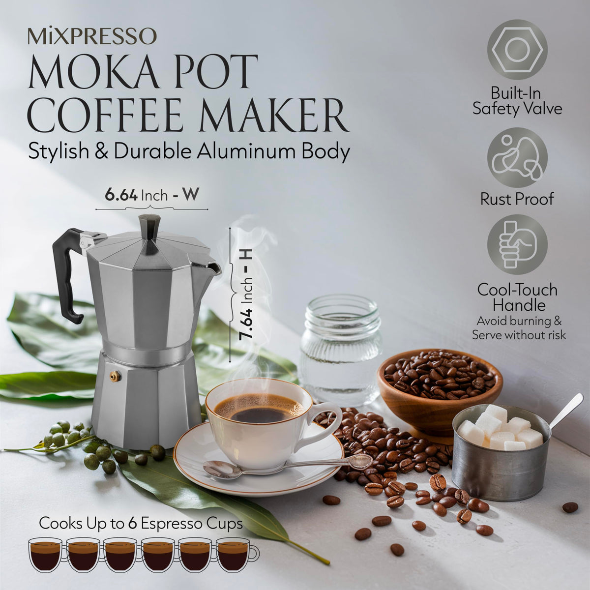 Mixpresso 3 Cup Moka Pot Stovetop Espresso Maker, Italian Cuban Coffee Pot