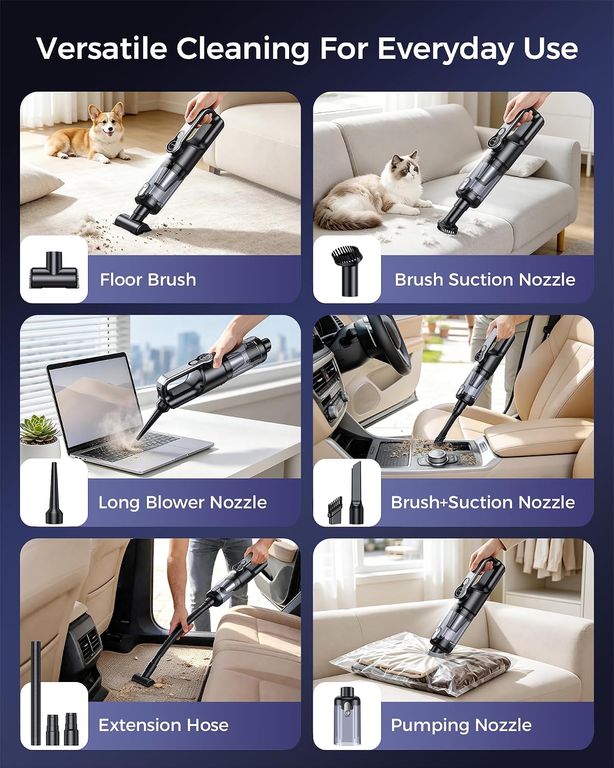 Cordless Handheld Vacuum Cleaner, 2-in-1 Vacuum & Blower, 36000Pa Suction Brushless Motor, Car Vacuum with LED Light, Lightweight, Covers for Car, Home, Office and Outdoor Use, Carbon Black
