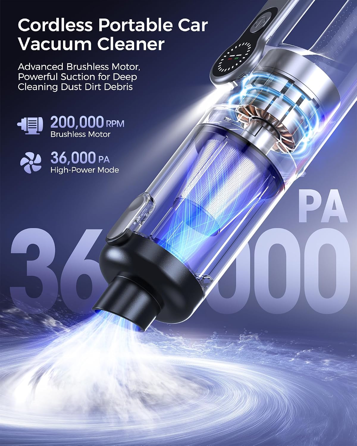Cordless Handheld Vacuum Cleaner, 2-in-1 Vacuum & Blower, 36000Pa Suction Brushless Motor, Car Vacuum with LED Light, Lightweight, Covers for Car, Home, Office and Outdoor Use, Carbon Black