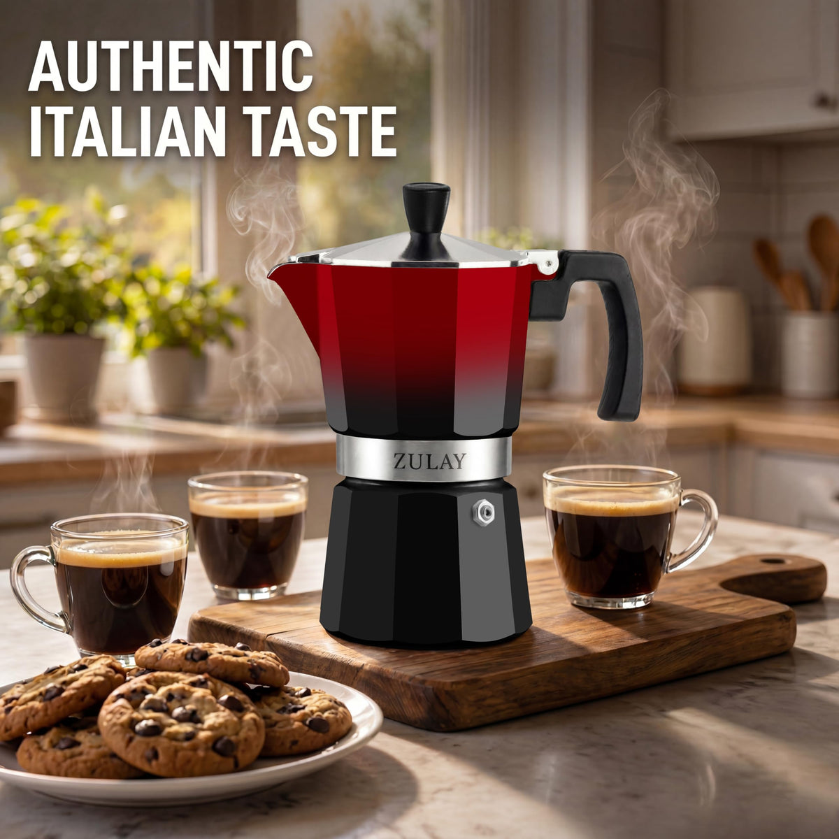 Zulay Moka Pot Espresso Stovetop Coffee Maker - Leak-Proof, Stainless Steel, Easy to Clean, Heat Resistant Handle & Knob - for Authentic Cuban & Italian Style Espresso - Makes 6 Espresso Cups - Red