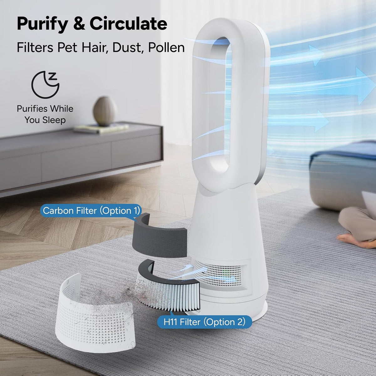 3-in-1 Bladeless Fan Combo, 22" Bladeless Tower Fan with Air Purifier, 90° Oscillating Fast Heating & Cooling, Remote Control, Quiet Portable for Bedroom Home Office, White
