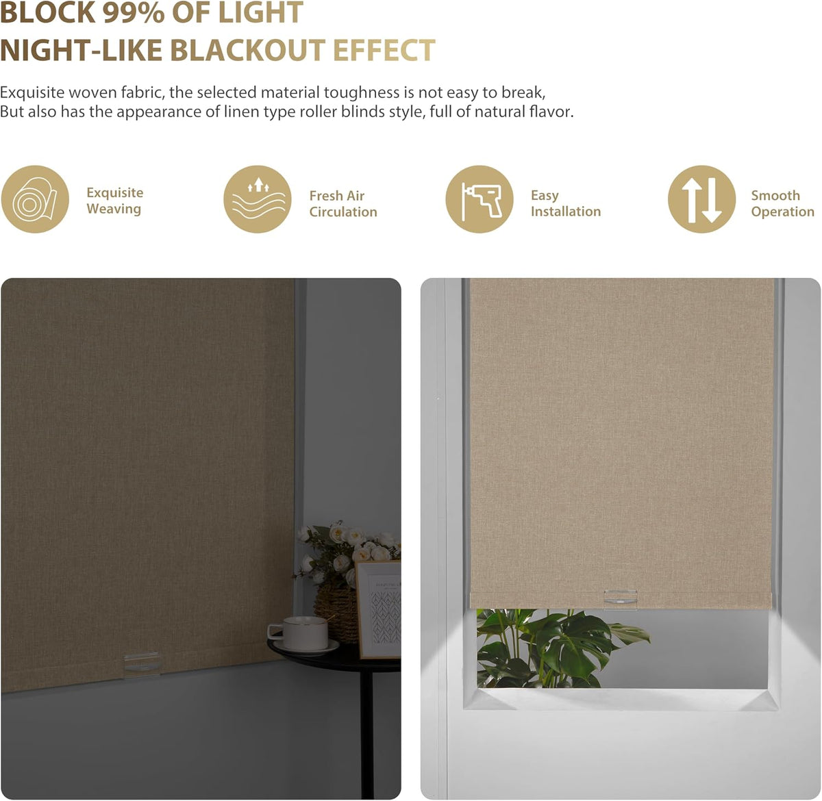 Blackout Roller Shades for Indoor Windows, Beige, Custom Size