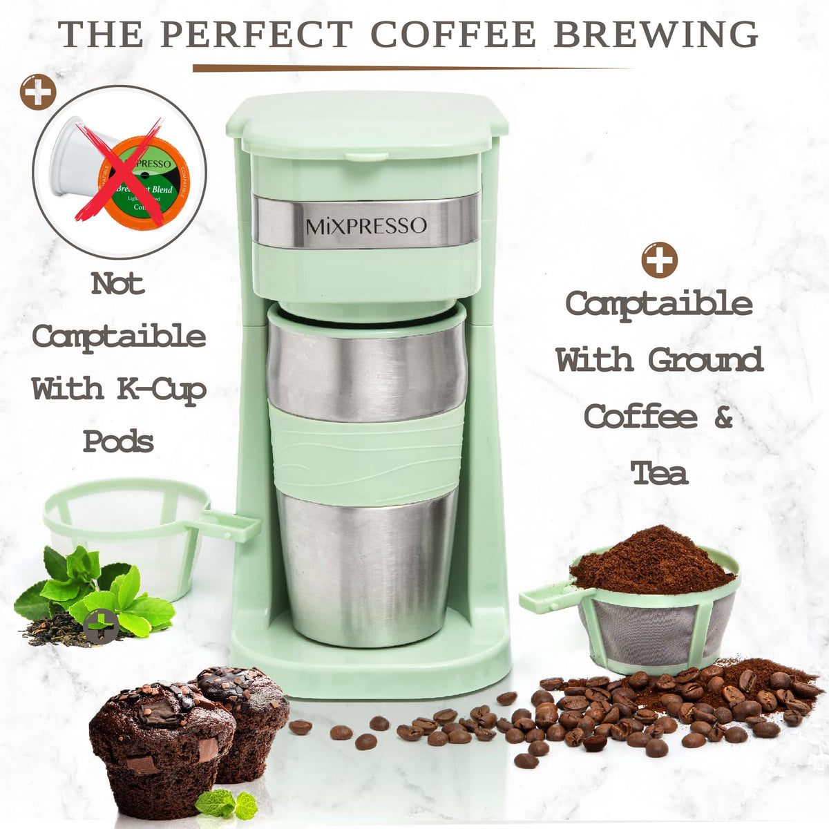 Mixpresso Single Serve & Single Cup Coffee Maker with 14oz Travel Mug Black